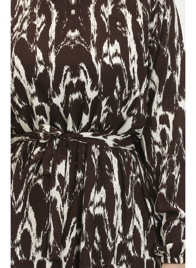 Sefa Merve Women's Viscose Patterned Belted Dress - Brown - Image 5